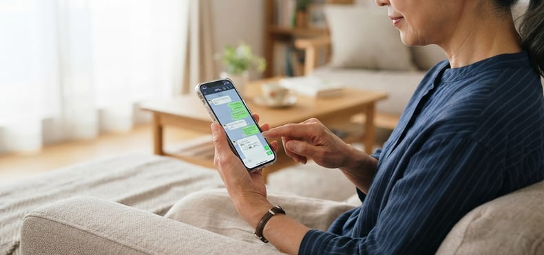 ソファでスマートフォンのLINEを操作する女性